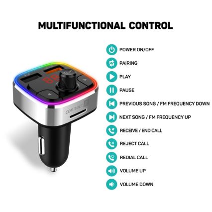 CONNECT IT CCC-9090-SL - Transmissor FM LED RGB para automóveis com função mãos-livres preto/prateado
