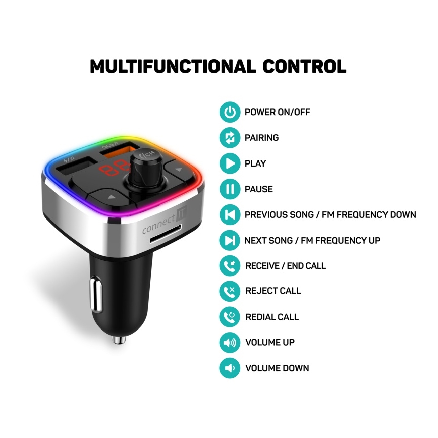 CONNECT IT CCC-9090-SL - Transmissor FM LED RGB para automóveis com função mãos-livres preto/prateado
