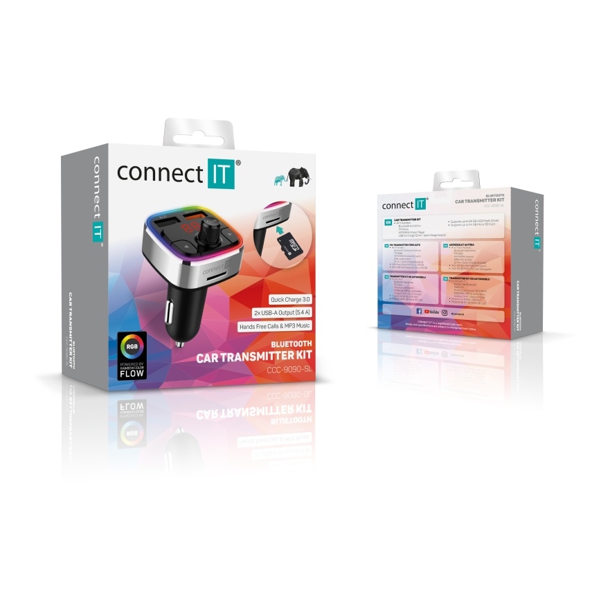 CONNECT IT CCC-9090-SL - Transmissor FM LED RGB para automóveis com função mãos-livres preto/prateado