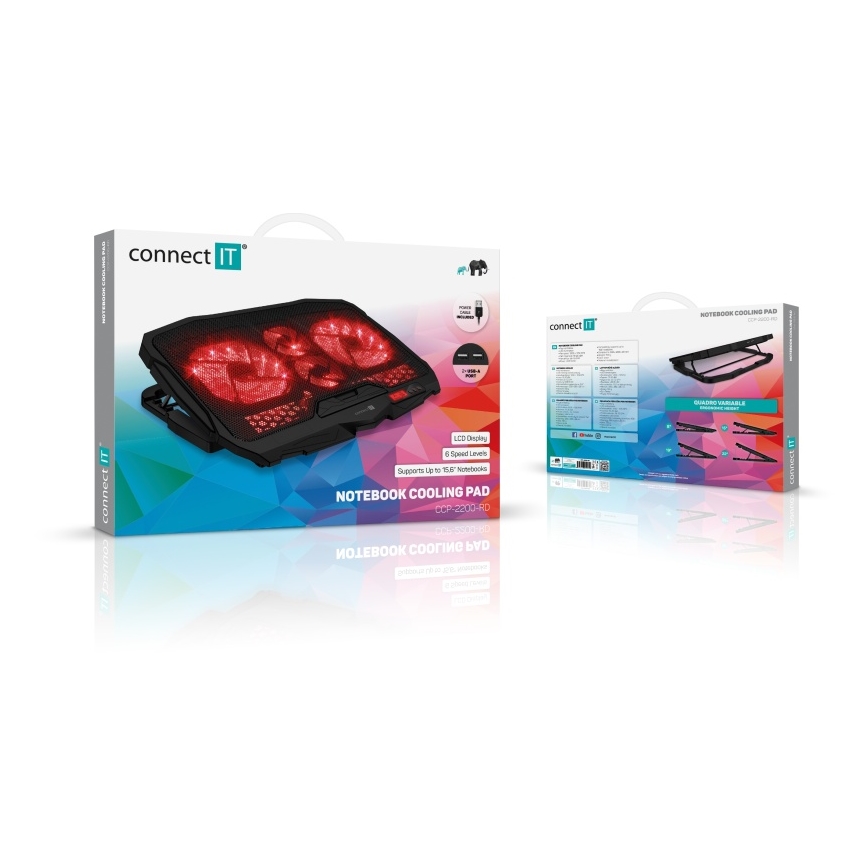 CONNECT IT CCP-2200-RD - Tapete de arrefecimento para computador portátil 4x ventoinha 2xUSB preto/vermelho