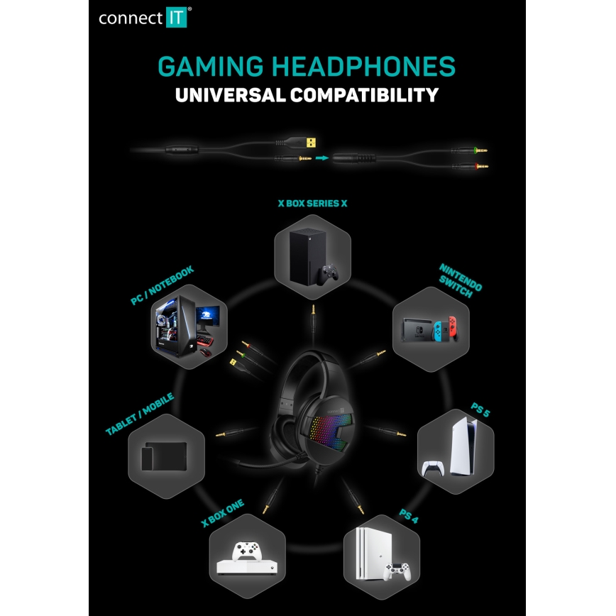 CONNECT IT CHP-3595-WH - Auscultadores LED RB com fios gaming com microfone branco/preto