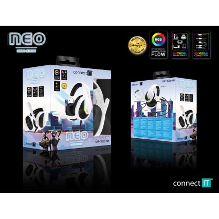 CONNECT IT CHP-3595-WH - Auscultadores LED RB com fios gaming com microfone branco/preto