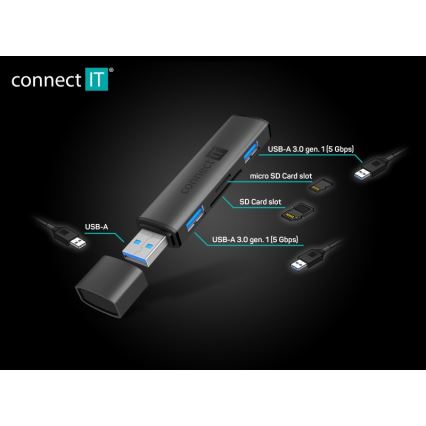 CONNECT IT CHU-4060-AN - Hub USB-A com leitor de cartões de memória 4em1