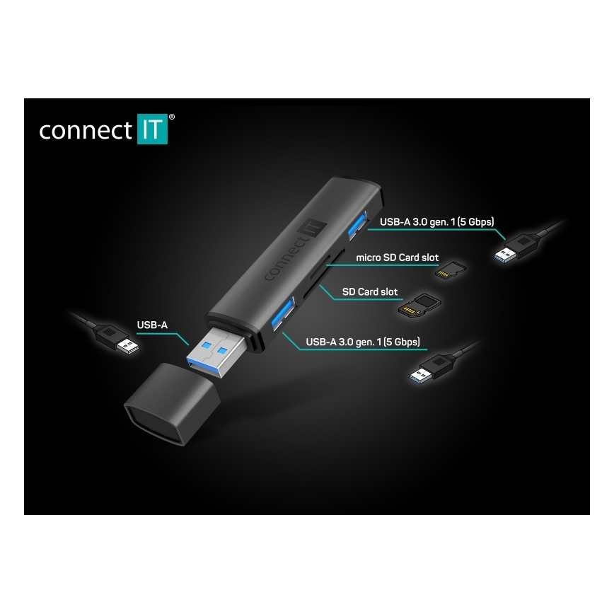 CONNECT IT CHU-4060-AN - Hub USB-A com leitor de cartões de memória 4em1