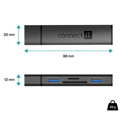 CONNECT IT CHU-4060-AN - Hub USB-A com leitor de cartões de memória 4em1