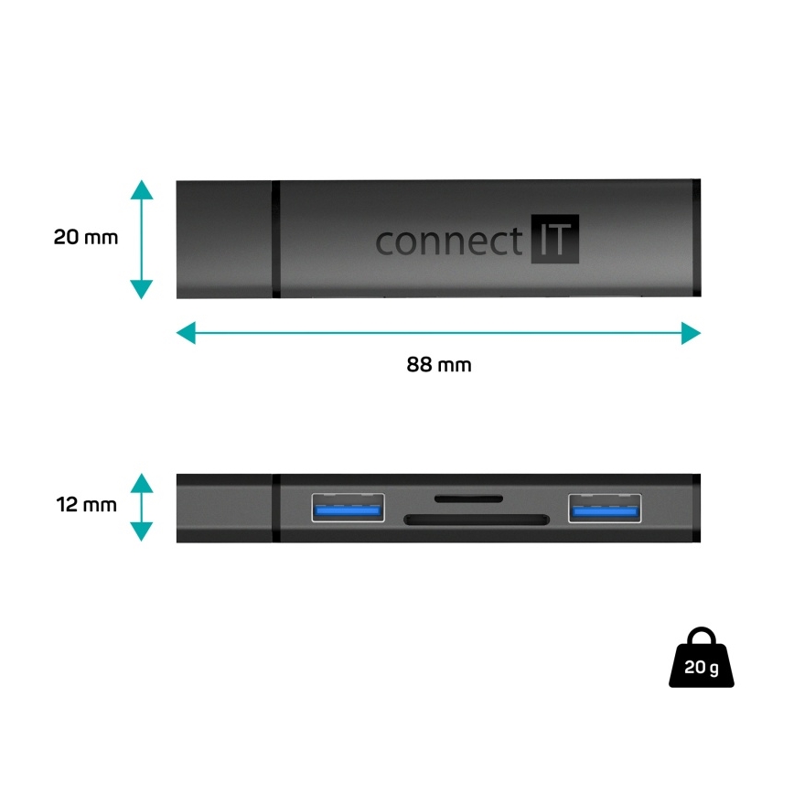 CONNECT IT CHU-4060-AN - Hub USB-A com leitor de cartões de memória 4em1