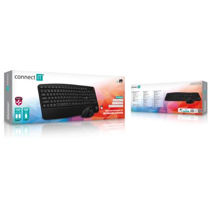 CONNECT IT CKM-6010-CS - Teclado e rato ergonómico sem fios 800/1200/1600/2400 DPI com localização CZ/SK 1xAA + 2xAAA preto