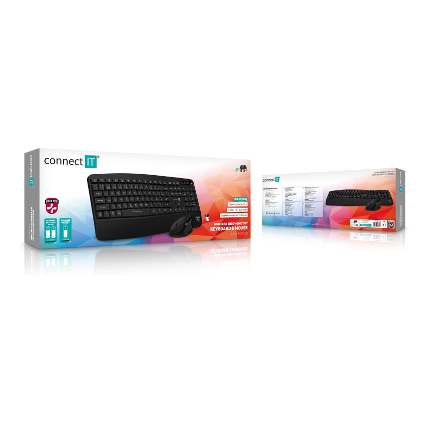 CONNECT IT CKM-6010-CS - Teclado e rato ergonómico sem fios 800/1200/1600/2400 DPI com localização CZ/SK 1xAA + 2xAAA preto