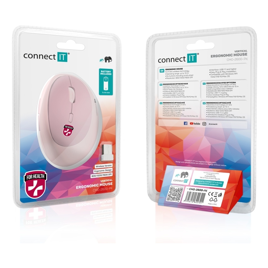 CONNECT IT CMO-2600-PK - Rato sem fios ergonómico 800/1200/1600 DPI 1x pilha AA rosa