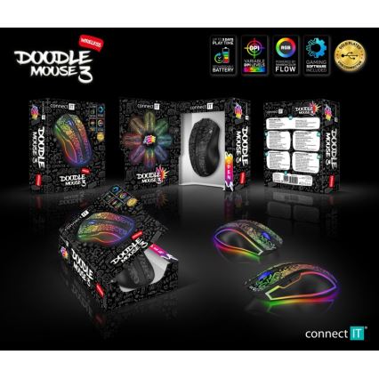 CONNECT IT CMO-3530-DD - Rato para jogos LED RGB sem fios 800/1200/1600/2400/4800 DPI 600 mAh preto