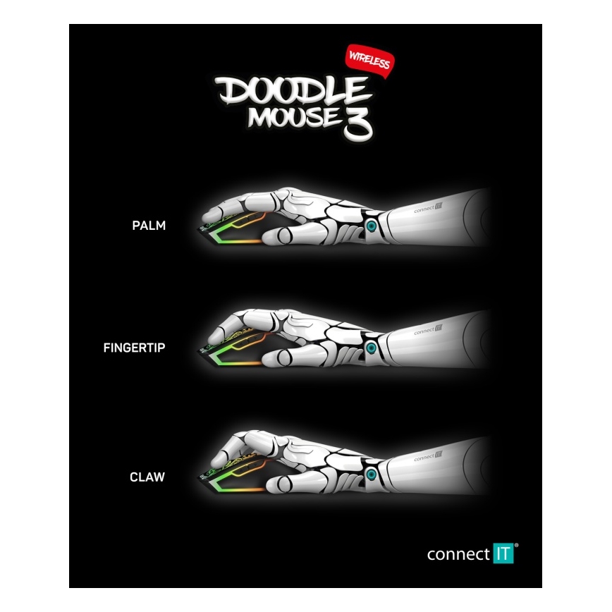 CONNECT IT CMO-3530-DD - Rato para jogos LED RGB sem fios 800/1200/1600/2400/4800 DPI 600 mAh preto