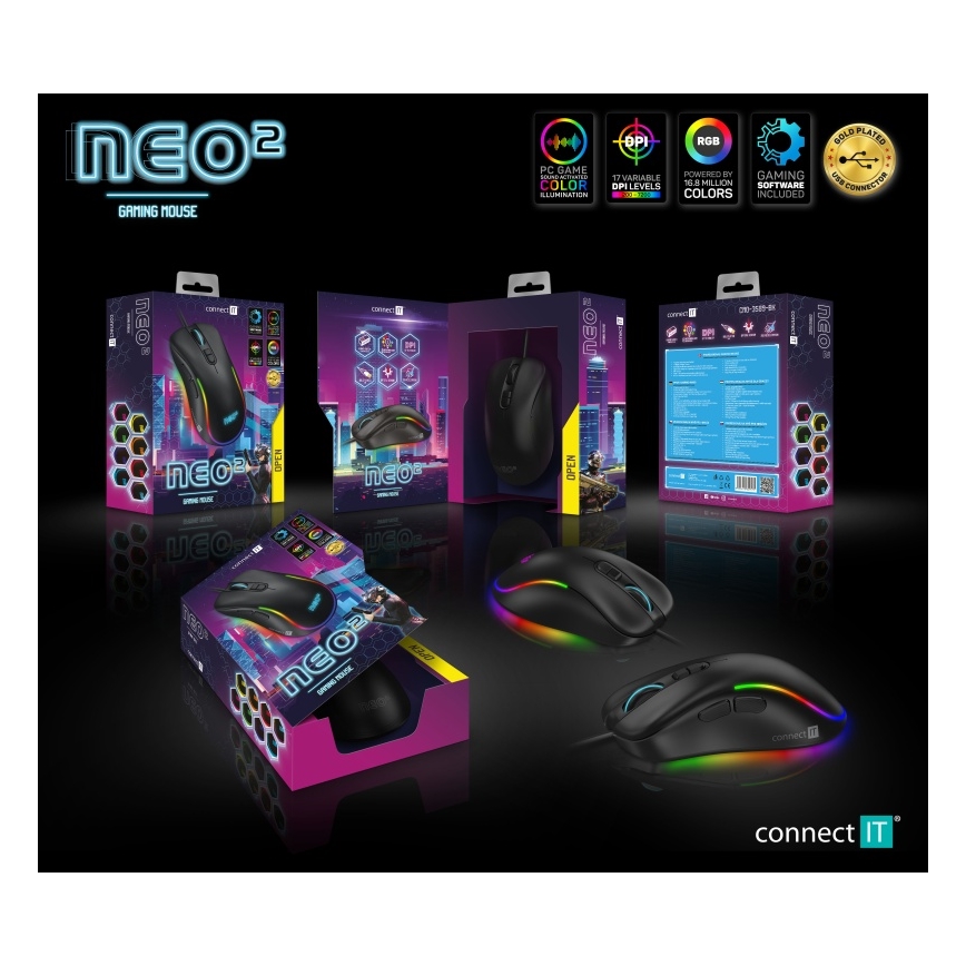 CONNECT IT CMO-3589-BK -  Rato LED RGB para jogos com fios 200-7200 DPI preto