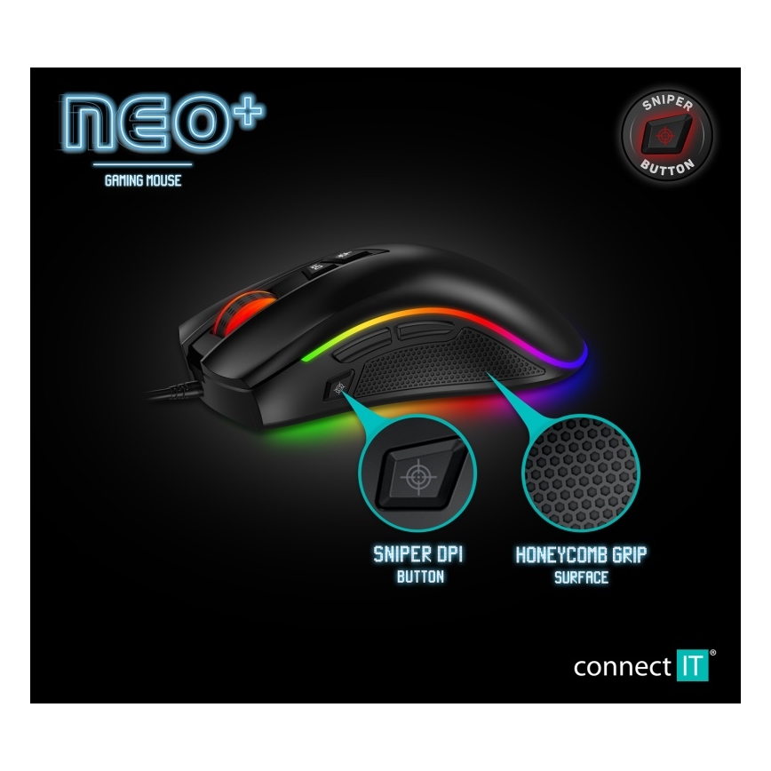 CONNECT IT CMO-3591-BK - Rato gamer com fio LED RGB 500-7200 DPI preto