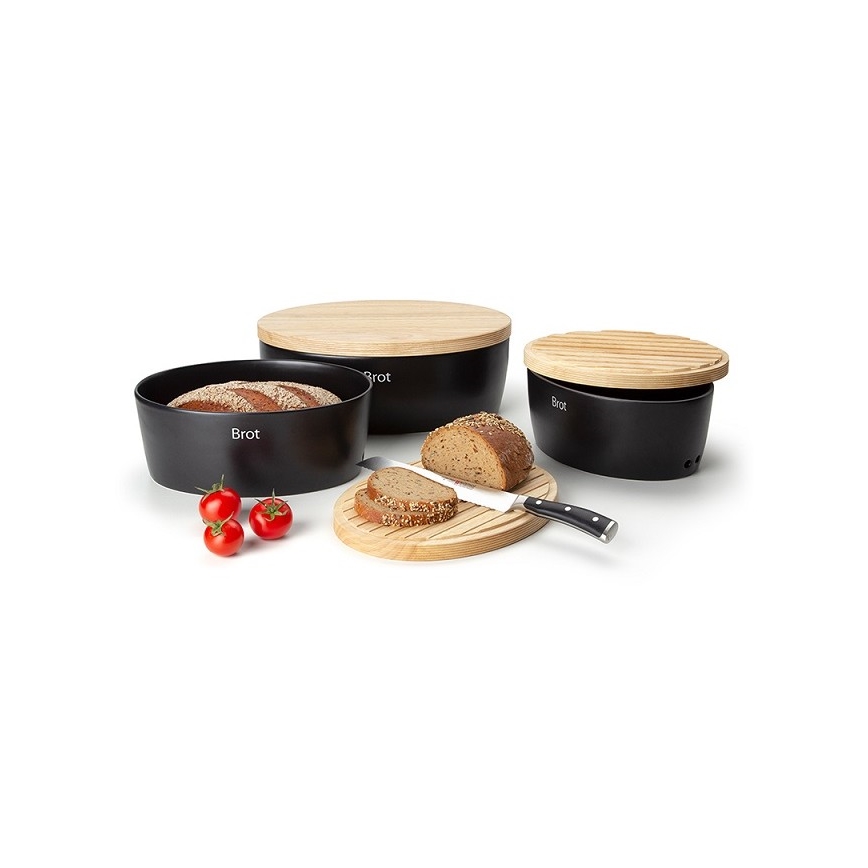 Continenta C3731 - Caixa para pão com tampa 27x20 cm preto/madeira de seringueira
