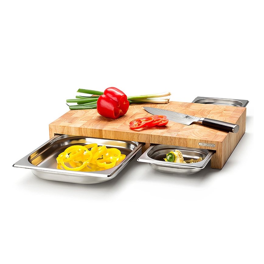 Continenta C4028 - CONJUNTO 1x tábua de cortar de cozinha 50x32,5 cm + 3x tigela de borracha de figueira