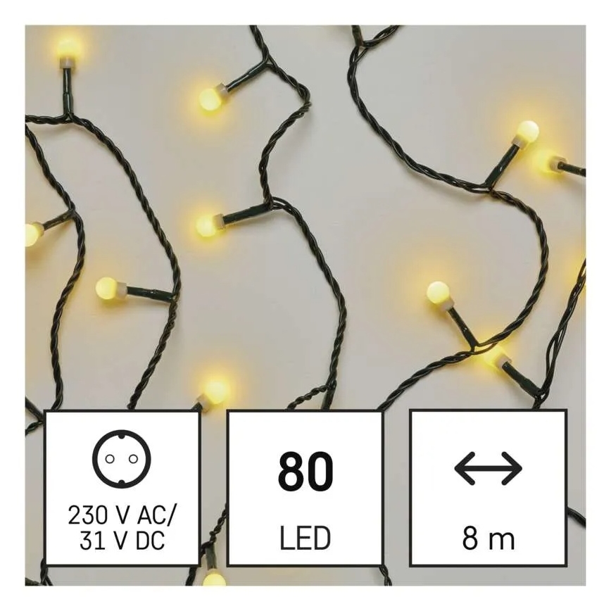 Cordão de luzes de Natal LED, 80 LEDs, 230 V, 8 funções, 13 m, IP44, branco quente