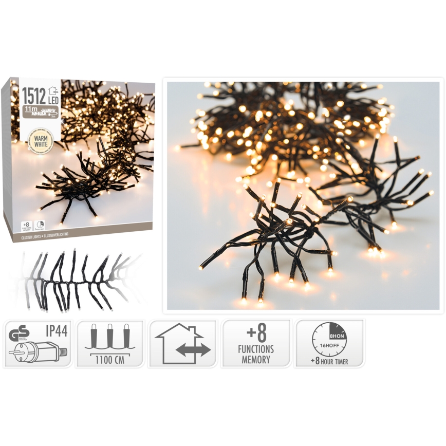 Cordão de luzes de Natal LED para exterior 1512xLED/230V/8 funções 14 m IP44 branco quente