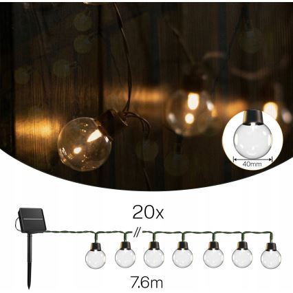 Cordão de luzes decorativo solar LED 20xLED/8 funções 500 mAh 7,6 m IP67 branco quente