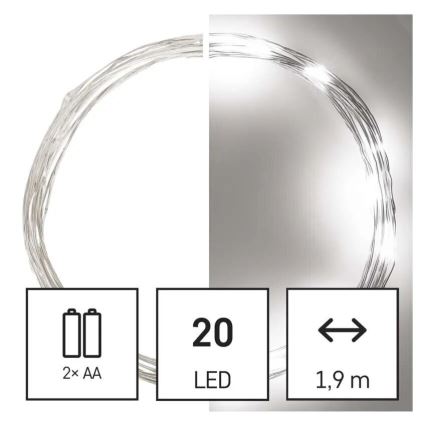 Cordão de luzes LED 20xLED/2xAA 2,4m branco frio
