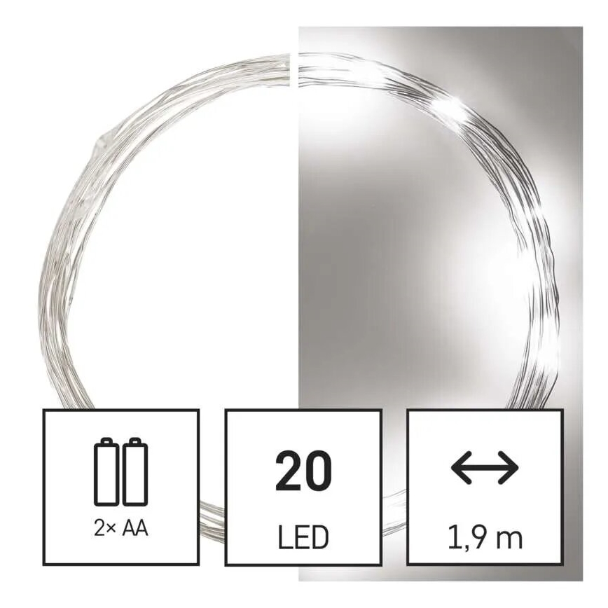 Cordão de luzes LED 20xLED/2xAA 2,4m branco frio