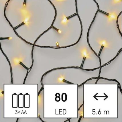 Cordão de luzes LED de Natal para exterior 80xLED/3xAA 6,1m IP44 branco quente