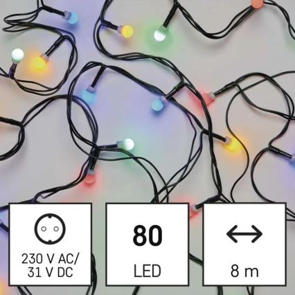 Cordão de luzes LED para exterior, 80 LEDs / 8 funções, 13 m, multicolorido, IP44