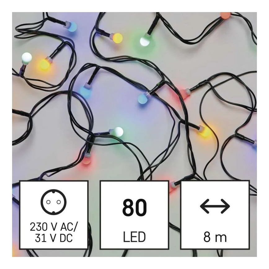 Cordão de luzes LED para exterior, 80 LEDs / 8 funções, 13 m, multicolorido, IP44