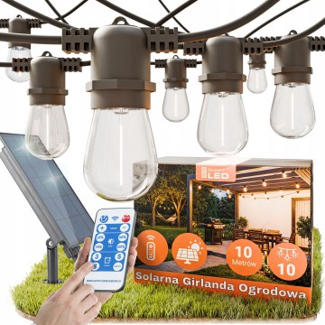 Cordão decorativo solar LED regulável 10xE27/0,3W/3/5V USB 2400 mAh 10,62 m IP65 preto + controlo remoto