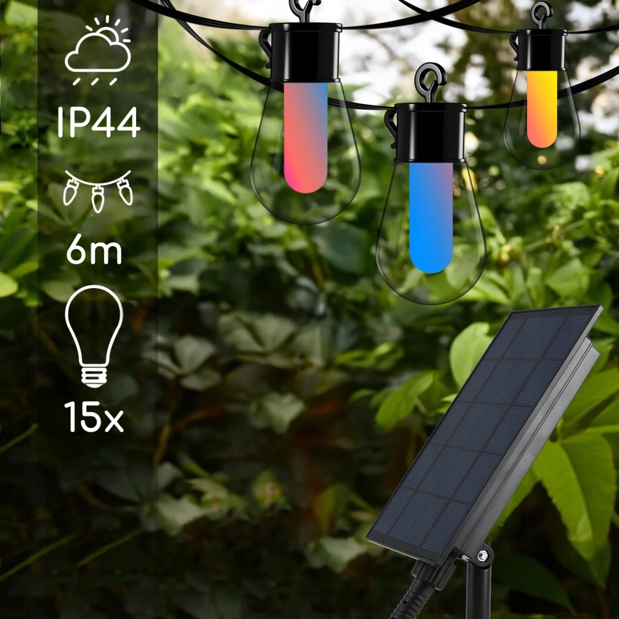 Guirlanda decorativa solar LED RGB regulável 15 LEDs/18 funções USB 6 m IP44 preto + controlo remoto