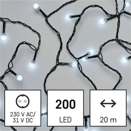 Cordão LED — 200 LEDs, 8 funções, 20 m, IP44, branco frio