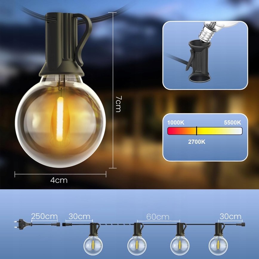 Cordão de luzes decorativas LED regulável para exterior, 25xE12/1W/24/230V, 17,5 m, IP65, preto + controlo remoto