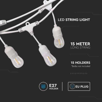Cordão luminoso para exterior STRING 15xE27/40W/230V 15m IP65