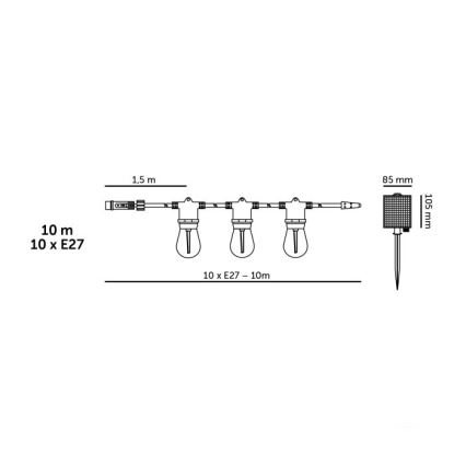 Guirlanda decorativa solar LED regulável STARLIGHT NEO 10xE27/3,7V 2700K IP54 1200 mAh 11,5m + telecomando