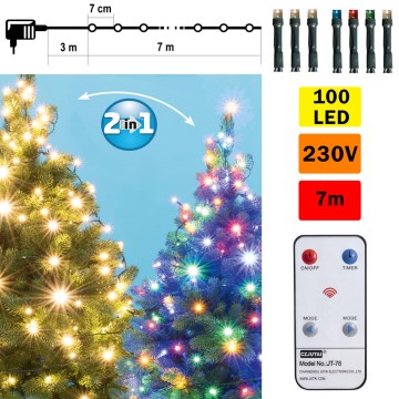 Corrente de Natal exterior LED 100xLED 10m IP44 branco quente/multicolor + controlo remoto