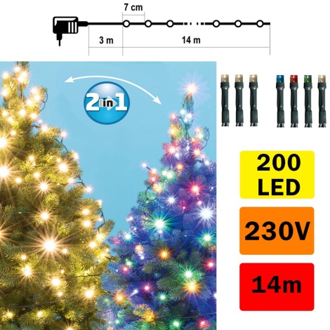 Corrente exterior de Natal LED 200xLED/5 funções 17m IP44 branco quente/multicolor