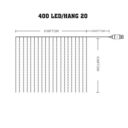 Cortina LED RGB dimerizável WIZARD 400xLED/USB 2x2m + comando remoto
