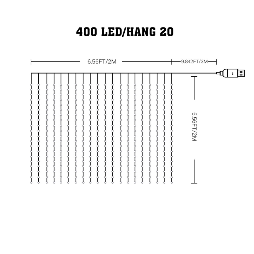 Cortina LED RGB dimerizável WIZARD 400xLED/USB 2x2m + comando remoto