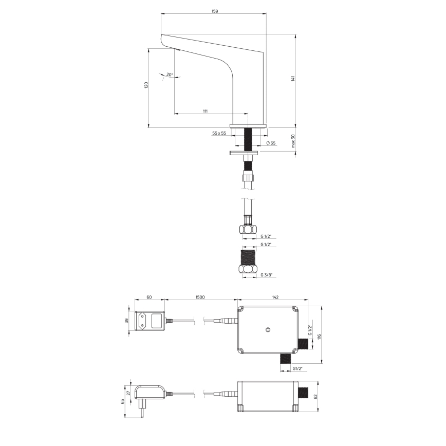 Deante BQH_N28V - Torneira de lavatório com regulação HIACYNT 230/6V preto