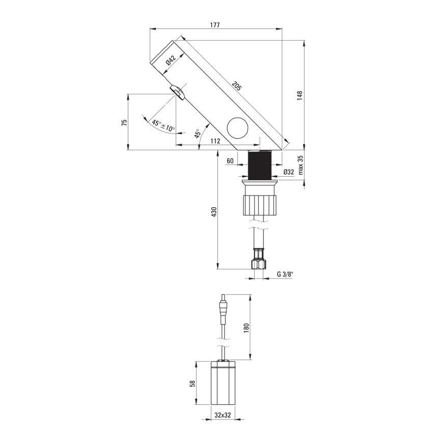 Deante BQR_P29R - Torneira de lavatório sem contato com regulação de temperatura SENSE 4xAA aço polido