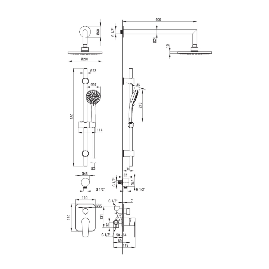 Deante NAC_09GA - Conjunto de duche com misturador de encastre ALPINIA, acabamento cromado brilhante