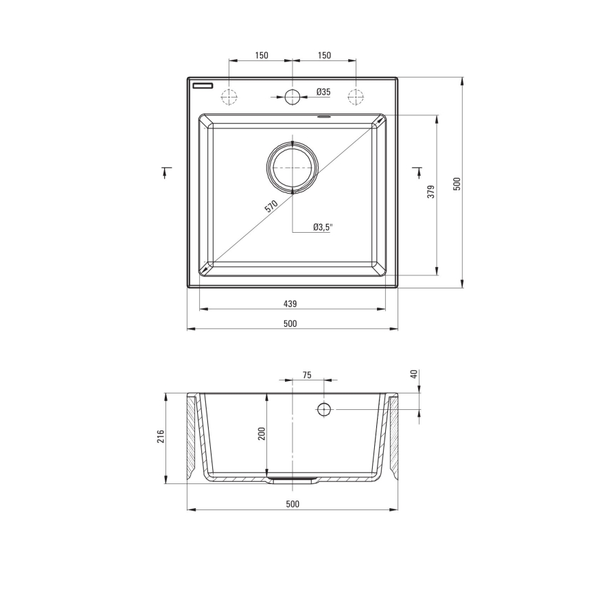 Deante ZQJNN103 - Lava-loiça de cozinha EVORA 50x50 cm + torneira de lava-loiça com braço flexível granito/preto