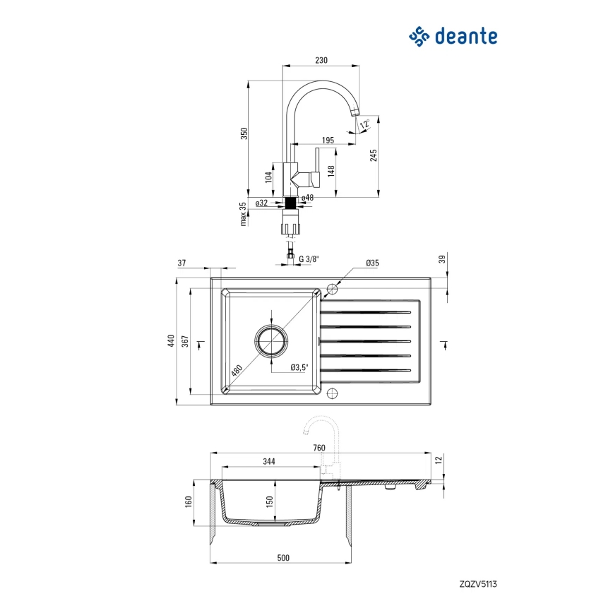 Deante ZQZVA113 - Pia de cozinha ZORBA 76x44 cm + torneira de cozinha granítico/alabastro