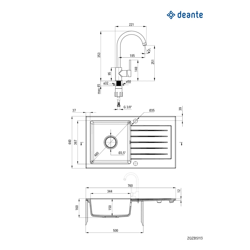 Deante ZQZVN113 - Pia de cozinha ZORBA 76x44 cm + torneira de cozinha em granito/preto