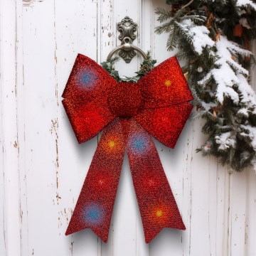 Decoração de Natal LED RGB, 11 LEDs / 3x LR44, 40 x 30 cm, laço vermelho