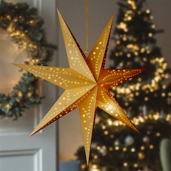 Decoração de Natal LED — Estrela dourada 60 cm, 20 LEDs, alimentada por 2xAA, luz branca quente