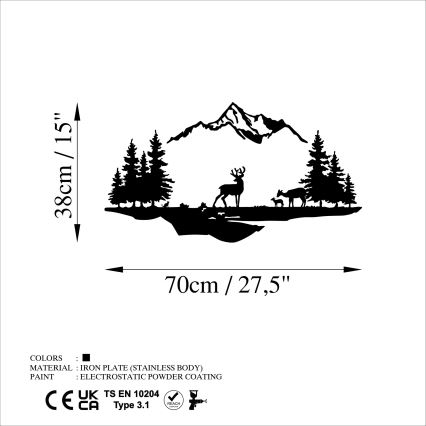 Decoração de parede 2 pçs 70x38 cm veado metal/preto