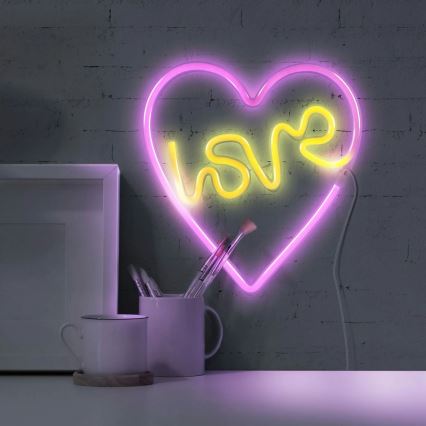 Decoração de parede LED com néons LOVE LED/3W/3xAA USB rosa