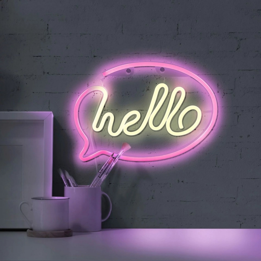 Decoração de parede LED Neon HELLO LED/3W/3xAA USB rosa