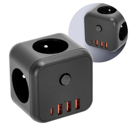 Divisor de tomadas com interruptor LINEA 3x230V + 4xUSB A/C preto