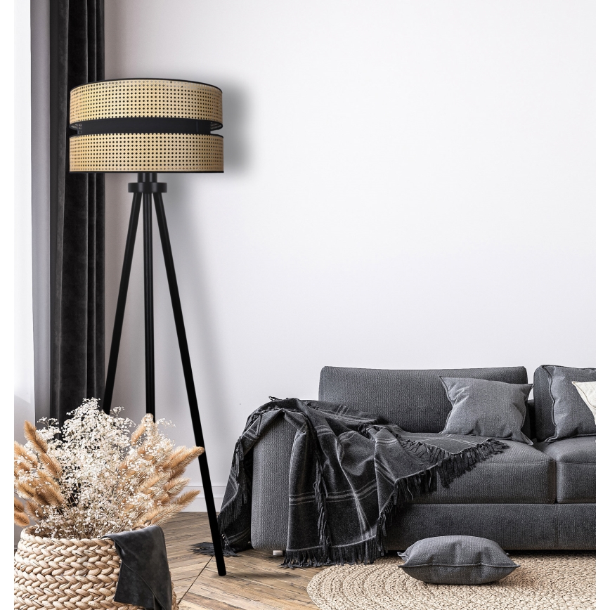 Duolla - Candeeiro de chão DUO 1xE27/15W/230V diâmetro 40 cm vime/preto